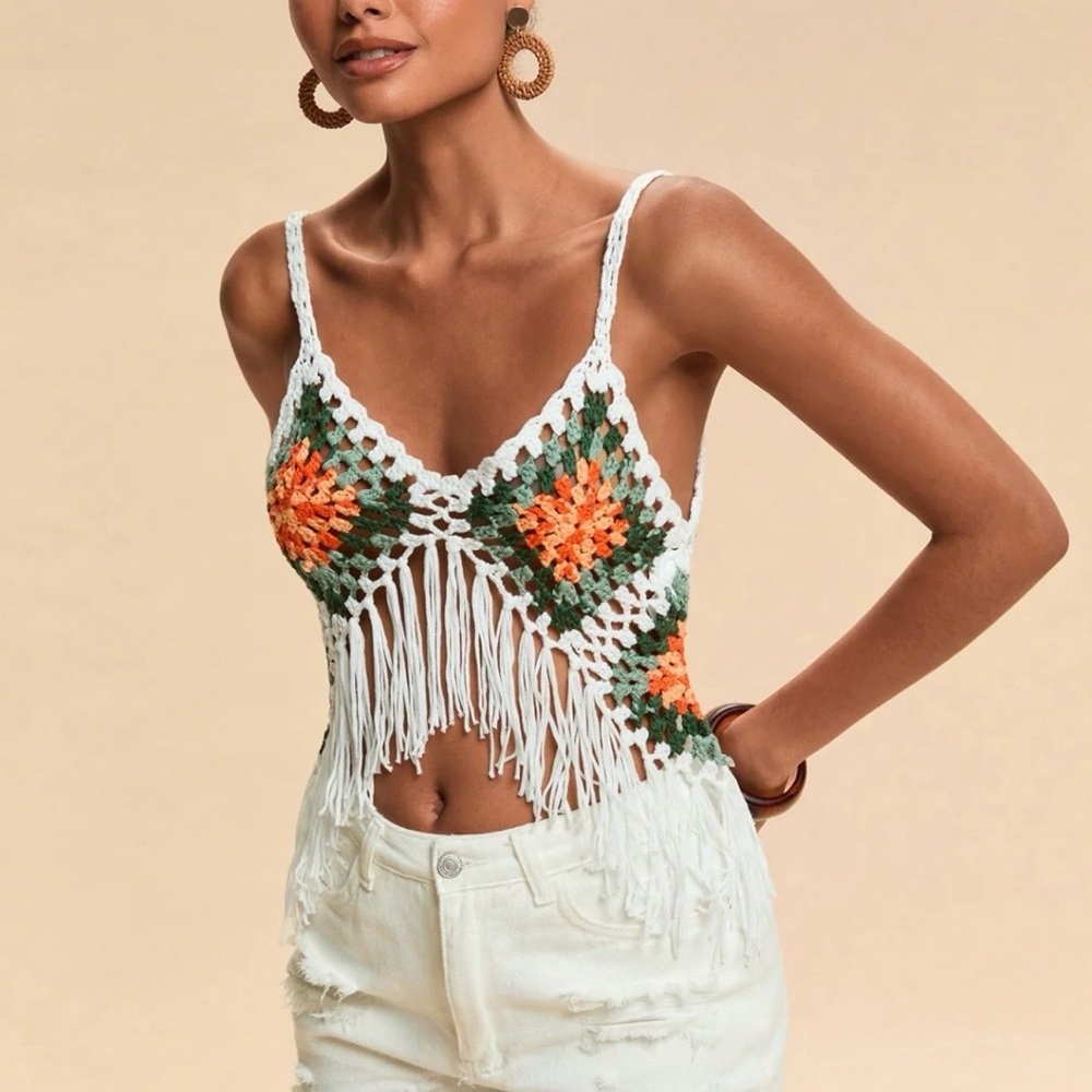 Women’s Vivid Crocheted White Crop Top Orange Green Floral Motifs Fringe Sz M